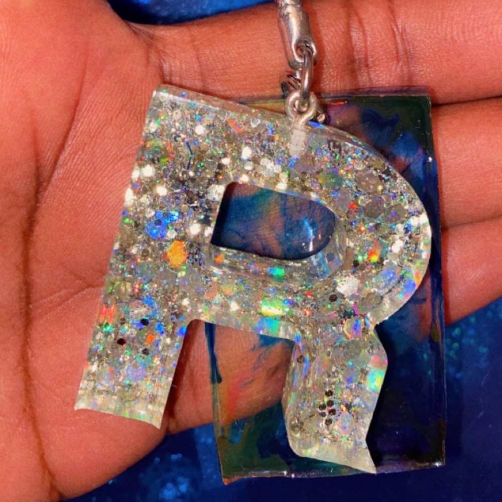 Clear w/ Silver Sparkle Resin Keychain, Letter “R”
